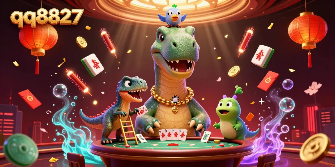 Experience the thrill of qq8827 gaming with a brontosaurus and a clever raptor in this vibrant casino scene.