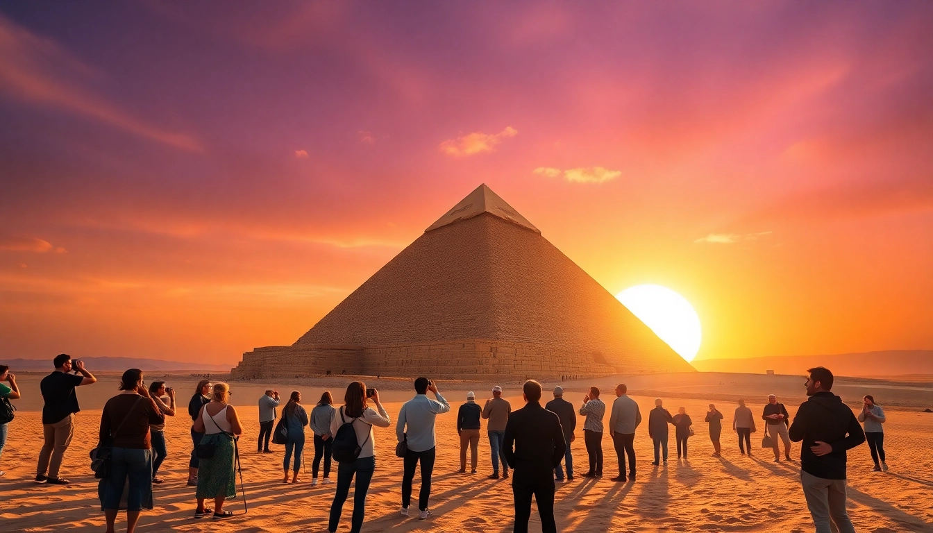 Los piraminds en Giza brillan mientras los turistas admiran su grandeza al atardecer.