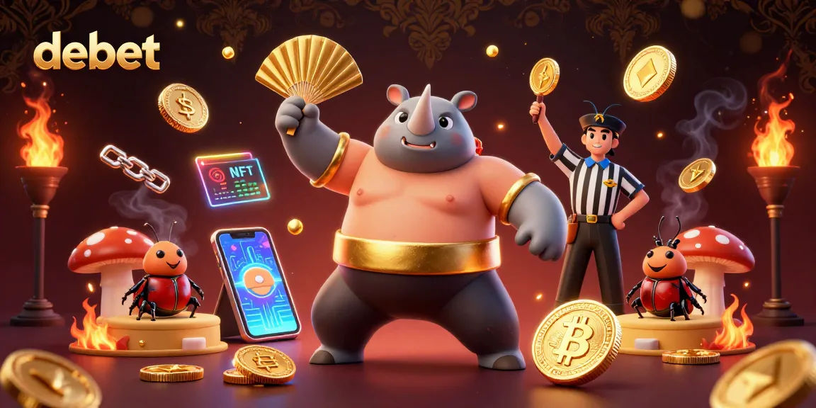 Win big with debet in a vibrant crypto casino featuring animated characters and dynamic gaming elements.