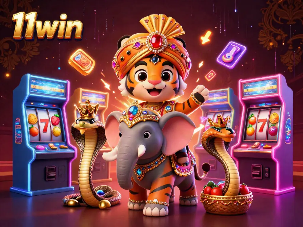 Join the adventure at 11win with vibrant slots and lively characters in a luxurious casino setting.