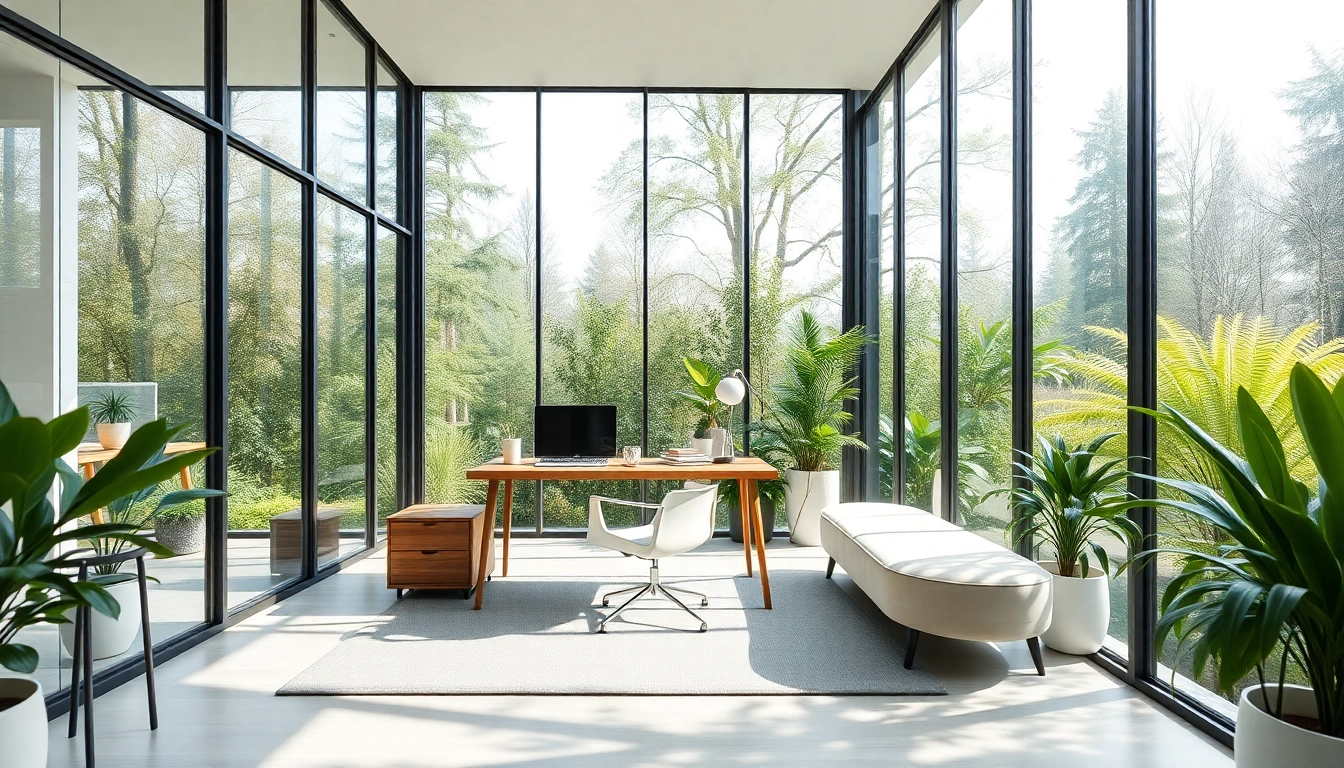 Wintergarten als Buero: Stylish and natural home office setup in a modern winter garden.