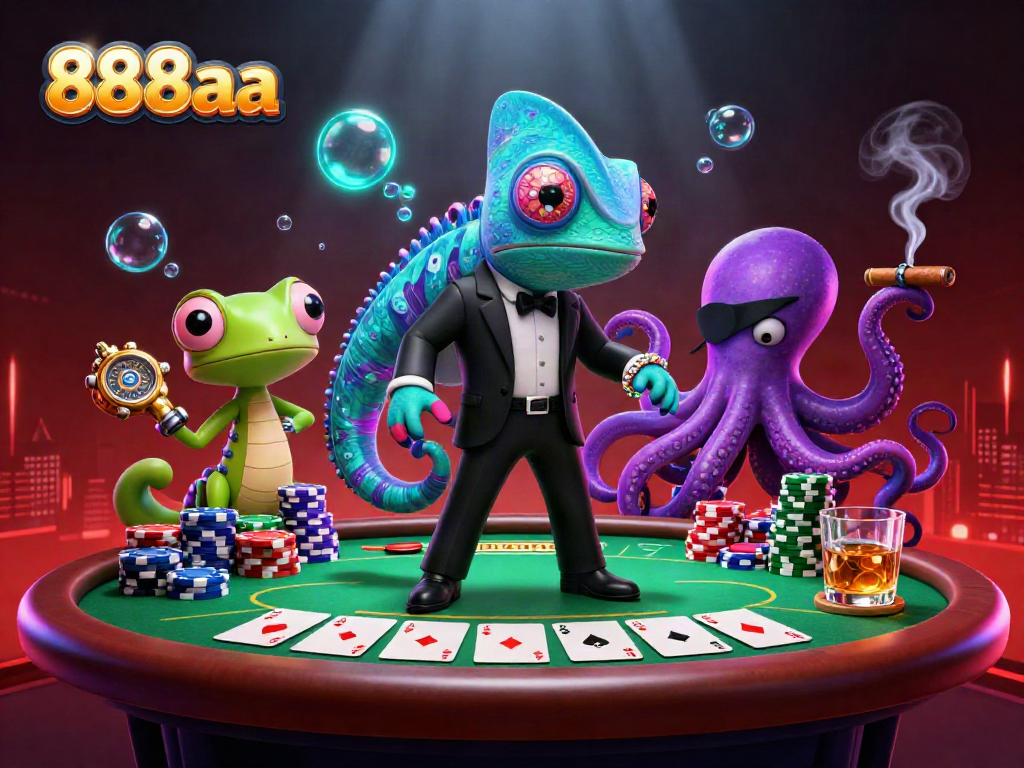 Engage in thrilling gameplay with 888aa featuring colorful chips and dynamic characters in a casino setting.