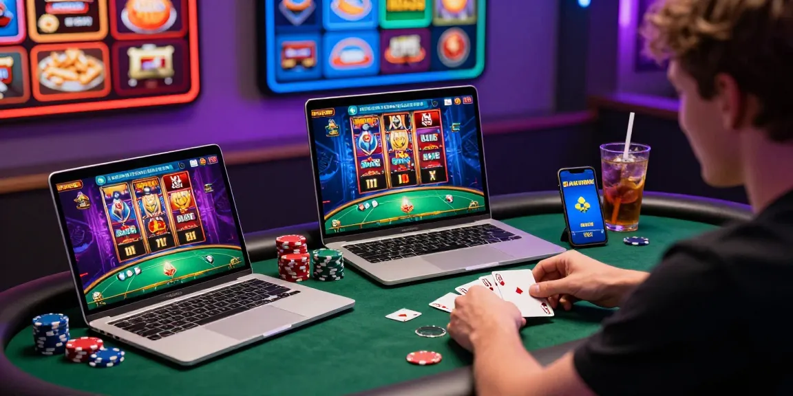 Engaged user playing HAYWIN poker on multiple devices, showcasing vibrant gaming graphics.