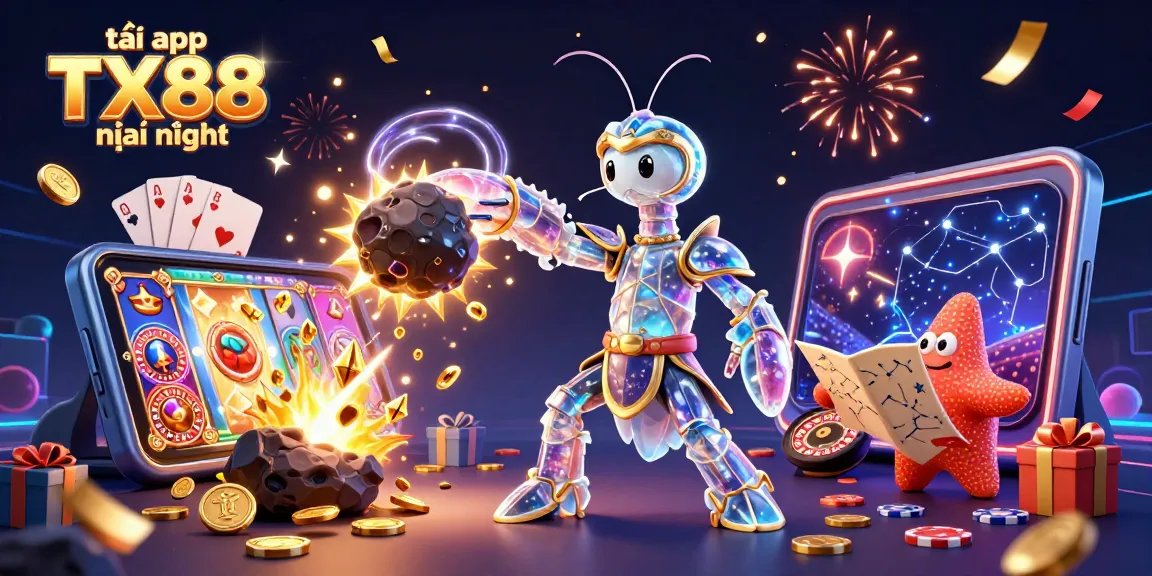 Spin the reels of excitement with tải app TX88 mới nhất, featuring a vibrant 3D scene of a galactic samurai.