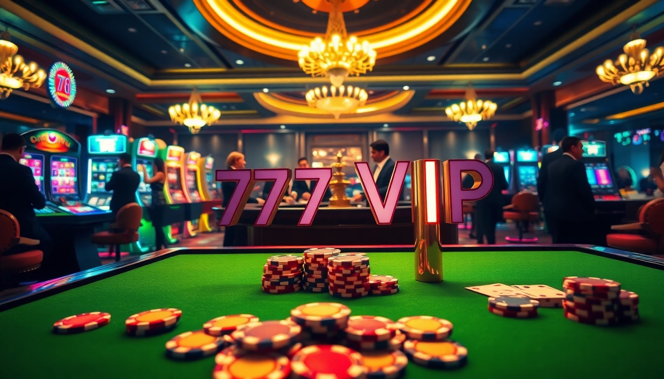 Engaging scene from 777vip showcasing a luxurious casino atmosphere with poker chips and a roulette table.