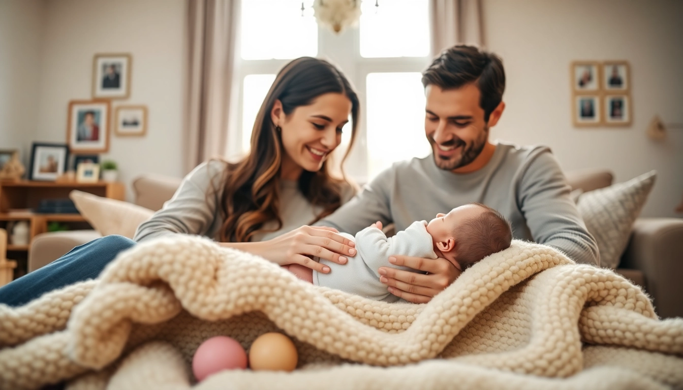Family with new bornbaby enjoying a tender moment in a cozy living room, radiating warmth and love.