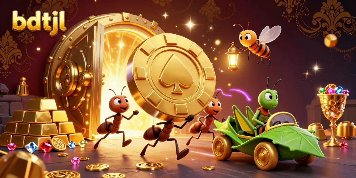 Engage in a thrilling heist with bdtjl's team of cartoon ants carrying a giant golden poker chip amidst scattered treasures.