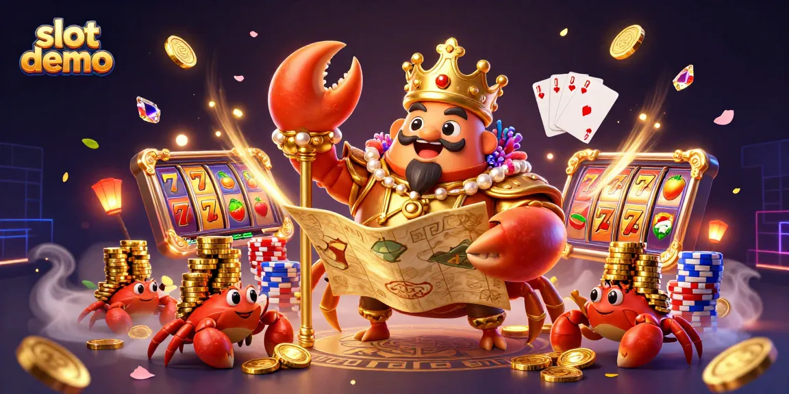 Slot demo menarik dengan karakter kepiting emas dan elemen permainan kasino yang mengagumkan.