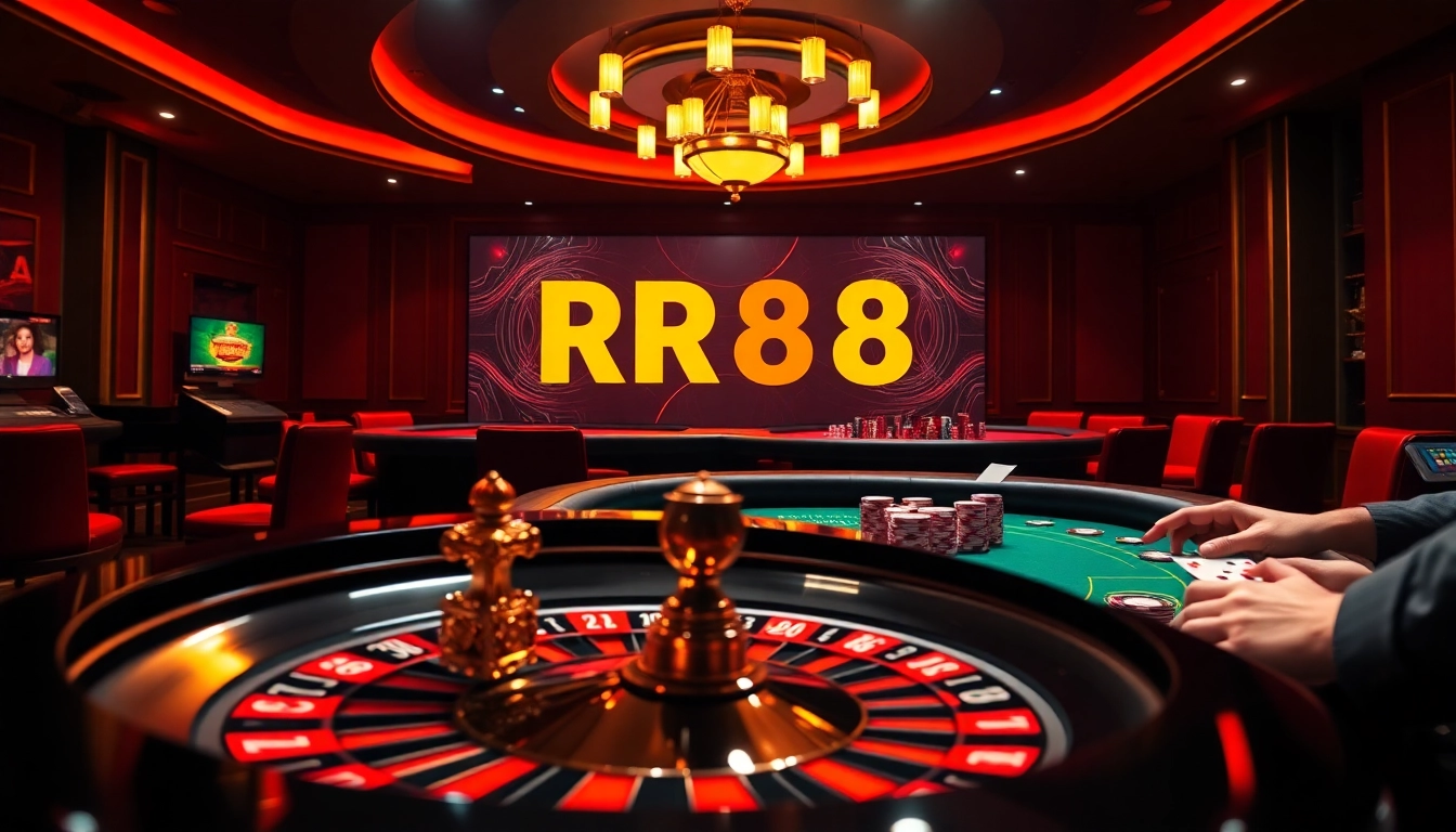 Engaged players at RR88 enjoy high-stakes gambling with poker chips and roulette wheels.