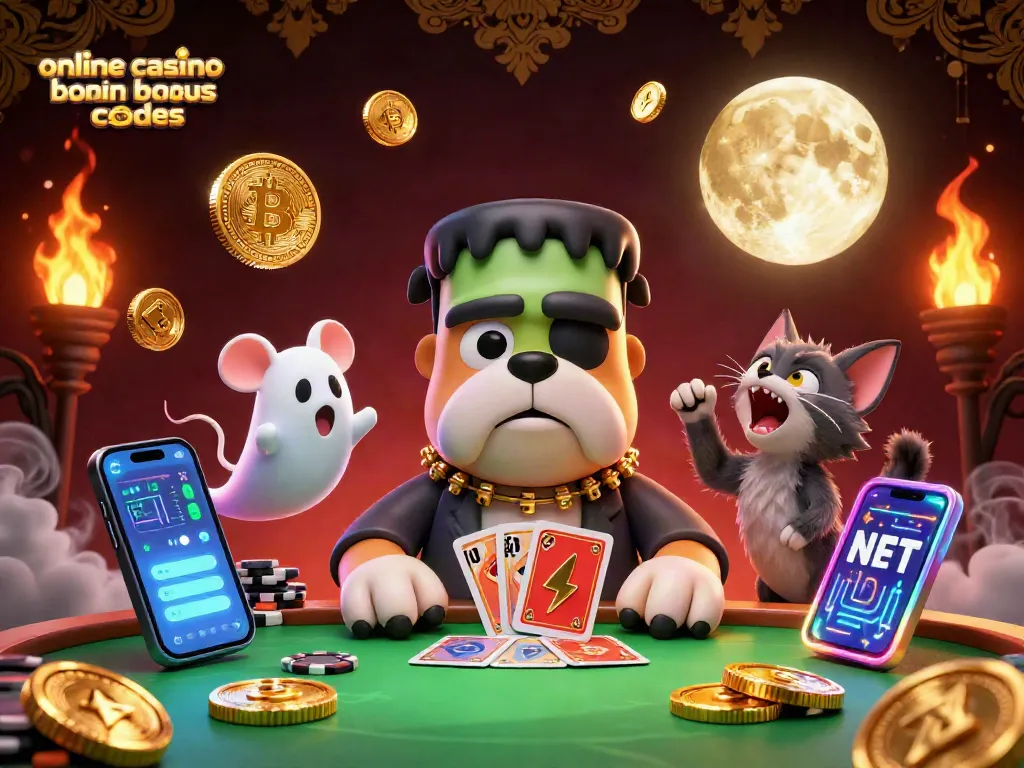 Engage with exclusive online casino bonus codes while a Frankenstein bulldog deals cards and a ghost mouse floats above chips.