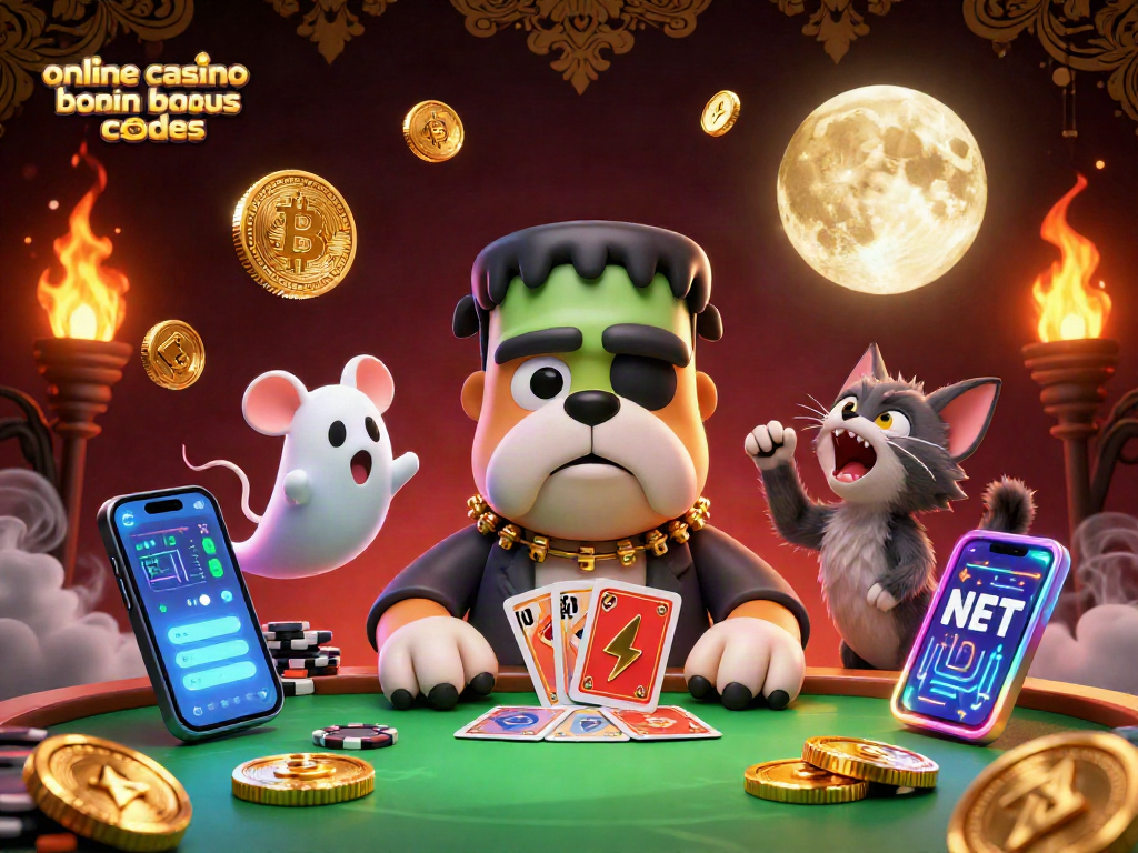 Engage with exclusive online casino bonus codes while a Frankenstein bulldog deals cards and a ghost mouse floats above chips.