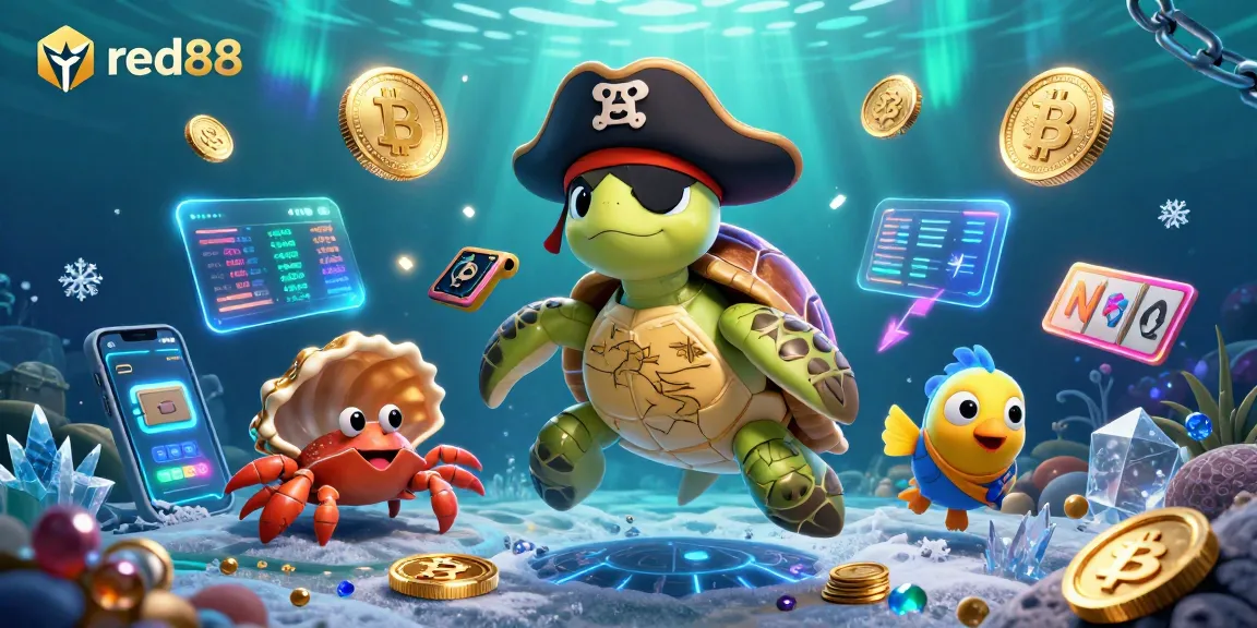 Red88 showcases a vibrant scene with a pirate turtle, crab, and parrotfish floating above treasure amidst gleaming crypto coins.