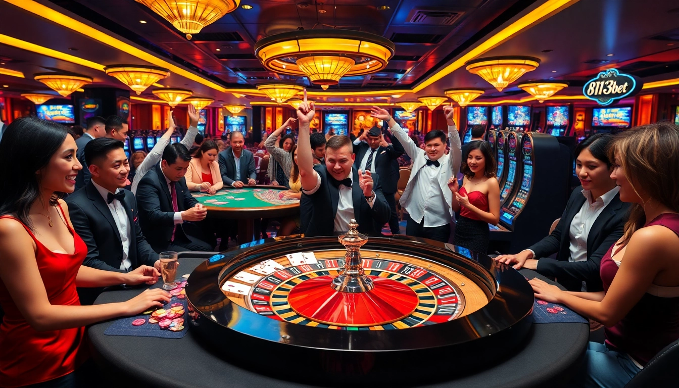 Jogadores aproveitando uma noite de jogos emocionante no cassino 813bet, exibindo momentos empolgantes de apostas.