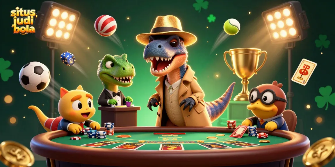 Melihat situs judi bola dengan velociraptor card counter di meja blackjack, dilengkapi dengan bola olahraga dan trofi emas.