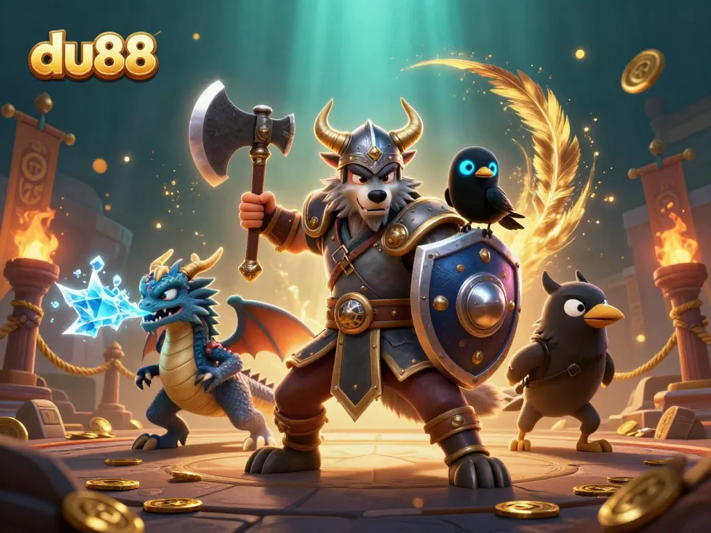 Experience thrilling gameplay at du88 with a Viking warrior, ice-breathing dragon, and glowing raven.