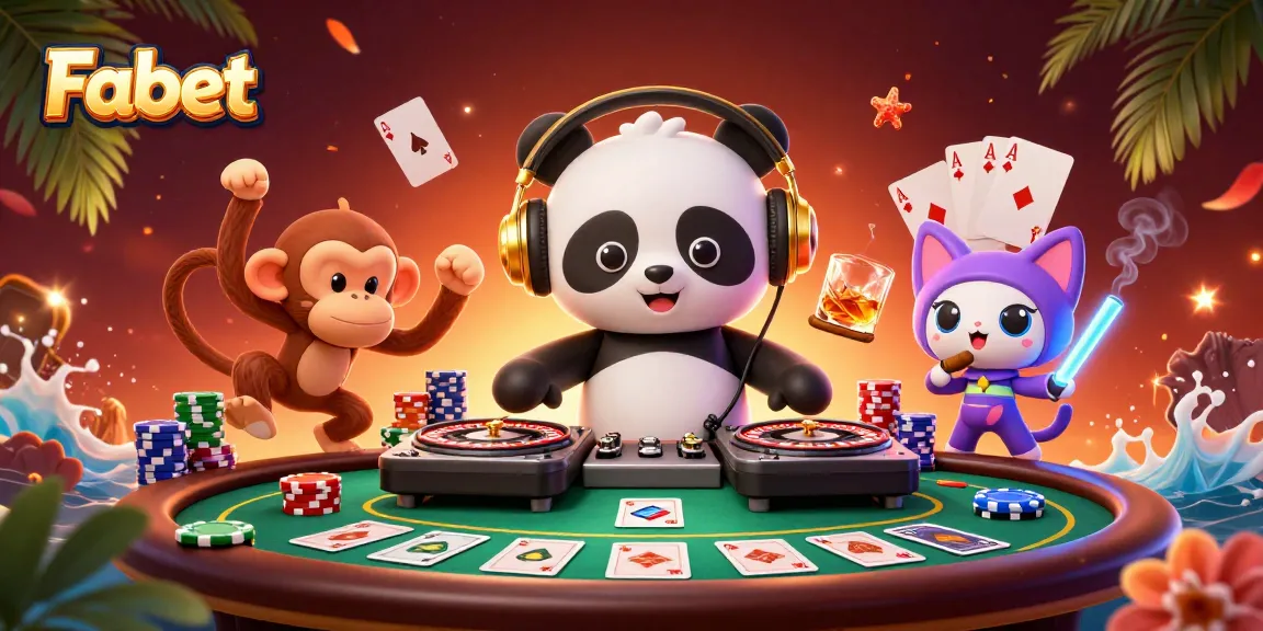Experience Fabet's vibrant gaming scene with cartoon DJ pandas and monkeys at a poker table.