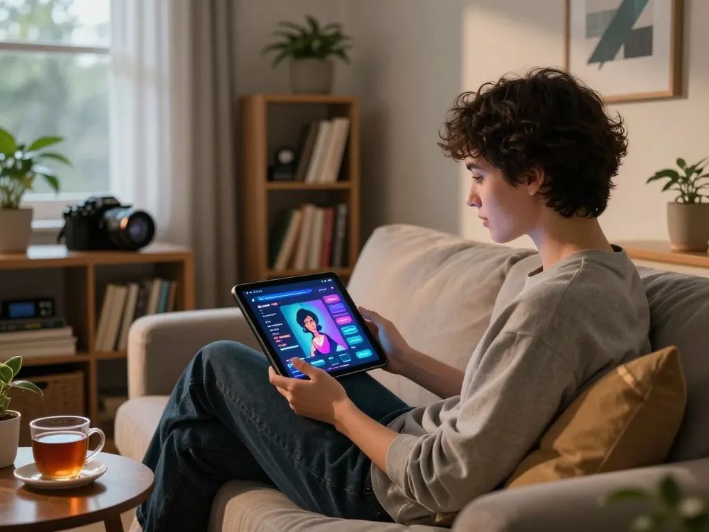 Engaging conversation scene with crush on ai displayed on a tablet in a cozy setting