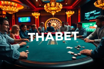 Players strategizing at the THABET poker table with vibrant casino elements.