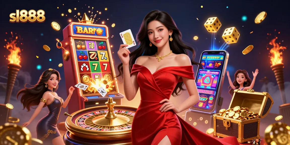 Win big with sl888—young casino player in evening gown near roulette and slot machine.