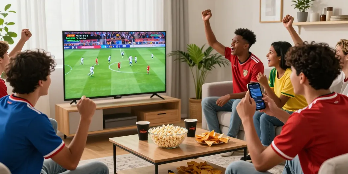 Engaged fans enjoying live streaming bola gratis in a cozy setting, cheering with snacks and drinks.